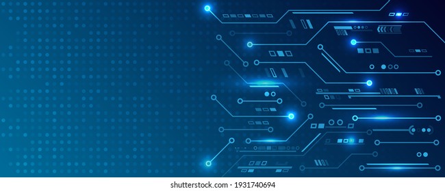 Concepto de tecnología digital para computadoras de alta tecnología. Resumen de la ilustración vectorial de la comunicación de la tecnología. Fondo azul amplio con varios elementos tecnológicos.