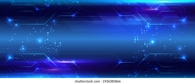 Hi-tech computer digital technology concept. Abstract technology communication vector illustration. Wide Blue background with various technological elements.