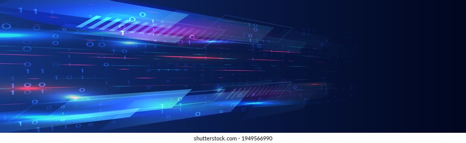  Hi-tech computer digital technology concept. Abstract  communication. Neon glowing lines. Speed and motion blur over dark  background. Web banner. Wide background with various technological elements.