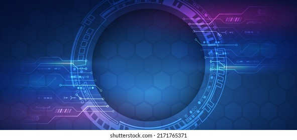 Hi-tech computer digital technology concept. Wide Blue background with various technological elements. Abstract circle technology communication, vector illustration.