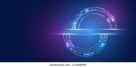 Hi-tech computer digital technology concept. Wide Blue background with various technological elements. Abstract circle technology communication, vector illustration.
