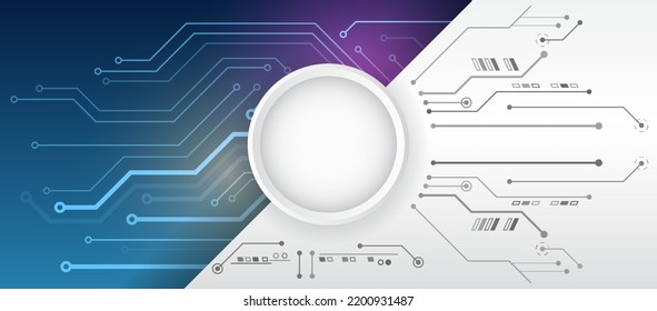 Hi-tech computer digital technology concept. Blue and grey background with various technological elements. Abstract circle technology communication, vector illustration. Two-color modern design.