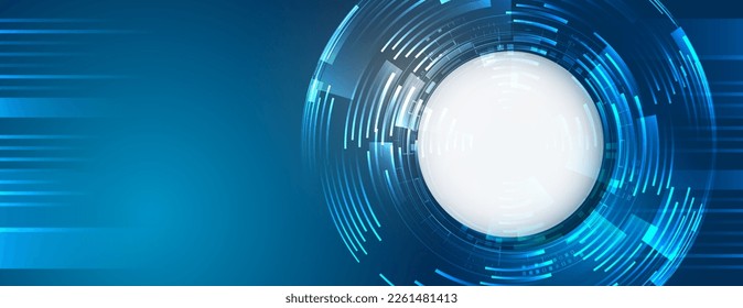 Hi-tech computer digital technology concept. Wide Blue background with various technological elements. Abstract circle technology communication, vector illustration. Futuristic design for presentation