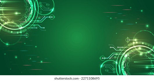 Hi-tech computer digital technology concept. Wide Blue background with various technological elements. Abstract circle technology communication, vector illustration. Futuristic design for presentation