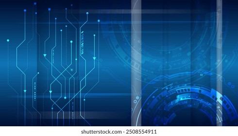 Hi-tech computer digital technology concept. Wide Blue background with various technological elements. Abstract technology communication, vector illustration. Futuristic design for presentation. 