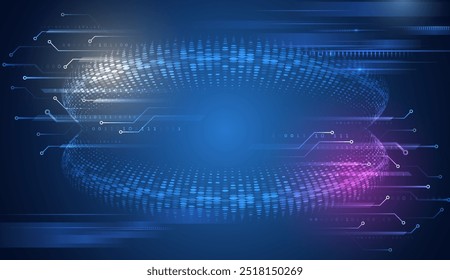 Hi-tech computer digital technology concept. Wide Blue background with various technological elements. Abstract technology communication, vector illustration. Futuristic design for presentation.