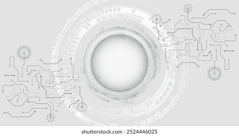 Hi-tech computer digital technology concept. Wide grey background with various technological elements. Abstract technology communication, vector illustration. Futuristic presentation, banner.