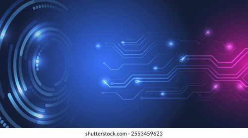 Hi-tech computer digital technology concept. Wide blue background with various technological elements. Abstract circle and circuit board technology communication, vector illustration.