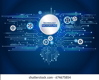 Hi-tech computer technology.  Abstract circuit concept on the blue color background. Communication modern illustration with various technological elements.