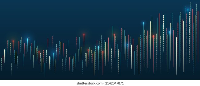 Hightech-Konzept der Datenstrukturierung. Futuristische Fragmentierung von Informationen. Große Datenvisualisierung auf dunklem Hintergrund. Eine Reihe von mehrfarbigen Linien.