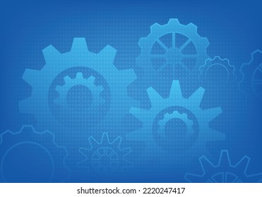 Hi-tech dark blue tech background, cogwheel pictograma. Mechanical industry elements, motor or clock circle parts with cogs. Machinery cogwheel gears. Vector illustration. 