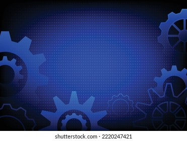 Hi-tech dark blue tech background, cogwheel pictograma. Mechanical industry elements, motor or clock circle parts with cogs. Machinery cogwheel gears. Vector illustration. 