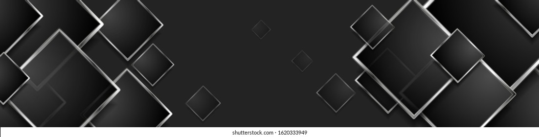 Hi-tech dark geometric banner design with silver squares. Abstract black metallic background. Vector illustration