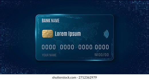 Hi-Tech-Debitkarte mit elektronischen Schaltungsdetails und Weltkarte auf blauem, gepunktetem Hintergrund. Mikrochip und kontaktloses Symbol für Online-Zahlungen und sichere Transaktionen. Vektorgrafik.