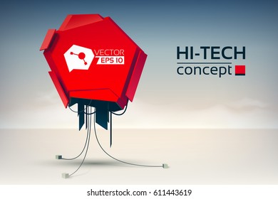 Hi-tech design concept with mechanical red metal robot in futuristic style on light background vector illustration