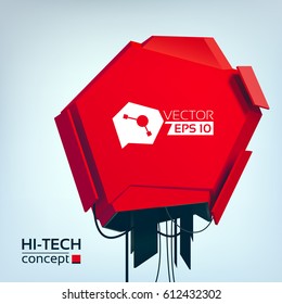 Hi-tech design concept with red metal 3d object in futuristic style on light background vector illustration