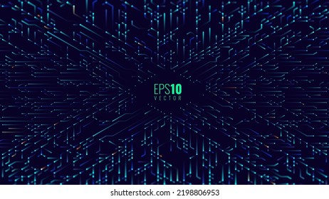 Hi-Tech Digital Circuit Background. CPU Microchip Abstract Blue Electric Board Design. Digital Particles with Trails Forming Tech Pattern. Vector Illustration.