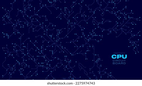 Hi-Tech Digital Circuit Background. CPU Microchip Abstract Blue Electric Board Design. Digital Particles with Trails Forming Tech Pattern. Vector Illustration.