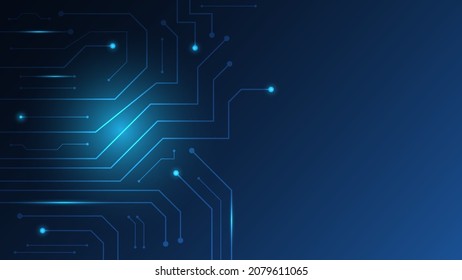 Tarjeta de circuito digital de alta tecnología. Almohadilla de IA y líneas eléctricas conectadas en fondo de iluminación azul con espacio de copia. ilustración vectorial
