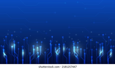 Tarjeta de circuito digital de alta tecnología. Almohadilla de IA y líneas eléctricas conectadas en fondo de iluminación azul con espacio de copia. concepto de elemento de diseño de tecnología futurista