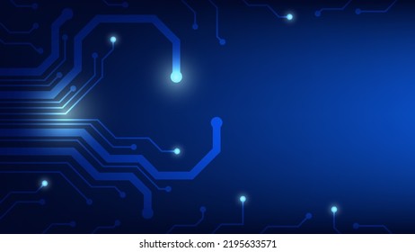 Hi-tech digital circuit board. AI pad and electrical lines connected on blue lighting background with copy space