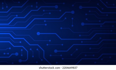 Hi-tech digital circuit board. AI pad and electrical technology lines on blue lighting background 