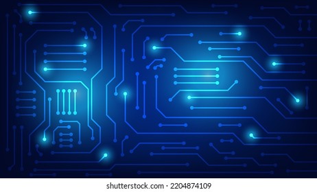 Hi-tech digital circuit board. AI pad and electrical technology lines on blue lighting background