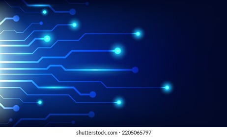 Hi-tech digital circuit board. AI pad and electrical technology lines on blue lighting background with copy space