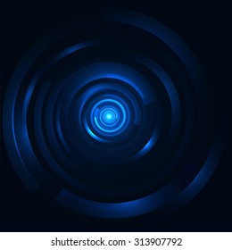 Hi-tech digital circular element. Vector futuristic  background. Intergalactic gates illustration for techno posters and backdrops. Abstract glossy swirl tunnel. Dark blue with a glowing center.