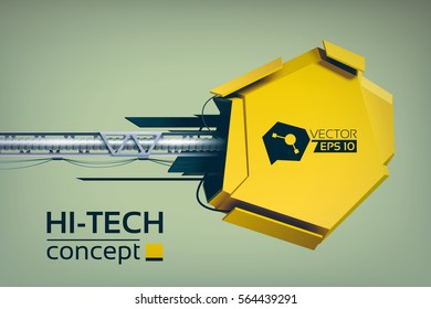 Hi-tech digital concept with 3d yellow construction on horizontal metal pillar in futuristic style vector illustration