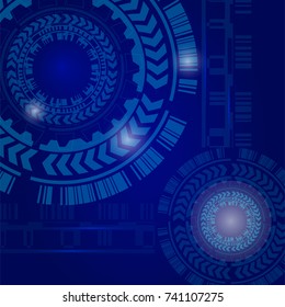 Hi-tech digital high computer technology. Vector abstract illustration gear wheel engineering telecoms futuristic background. Circuit blue board information. Speed hardware arrow line.