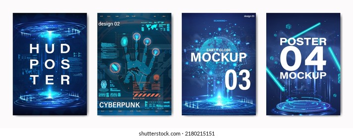 Hi-tech digital posters with futuristic elements and HUD interface. Scifi collection mockup posters with white template text. HUD posters, cards flyers template. Cyberpunk digital design. Vector set