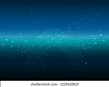Hi-tech digital technology abstract triangles and square, geometrical lines neon light green polygonal, dots, star, on the dark blue, green background. pattern in the good for your design  