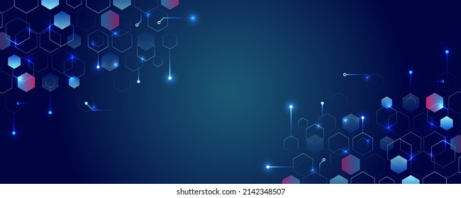 Hi-tech digital technology and engineering concept. Wide Sci fi template with polygons. Futuristic illustration. Abstract hexagons science on the blue background.