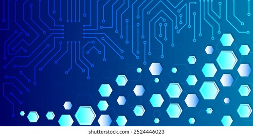 Hi-Tech-Digitaltechnik und Engineering-Konzept. Wide Sci-Vorlage mit Polygonen für Präsentation oder Banner. Abstrakte Hexagon-Wissenschaft auf blauem Hintergrund.