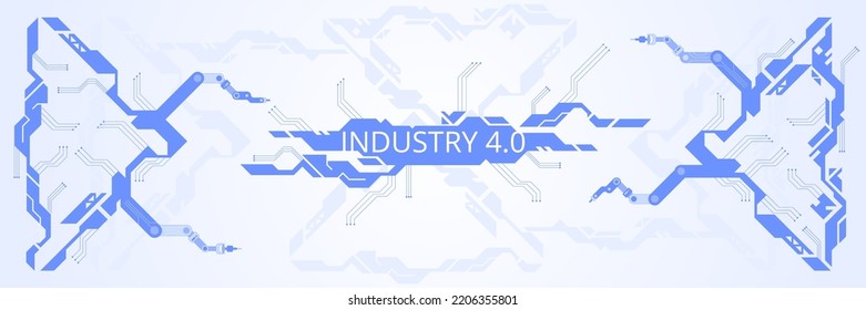 High-Tech Digital-Technologie und Engineering Thema Industrie 4.0 Intelligenz-Technologie mit Roboterarm. Intelligente industrielle Revolution im Fabrikprozess, einzelne flache Vektorgrafik-Hintergrund