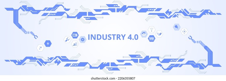 High-Tech Digital-Technologie und Engineering Thema Industrie 4.0 Intelligenz-Technologie mit Roboterarm. Intelligente industrielle Revolution im Fabrikprozess, einzelne flache Vektorgrafik-Hintergrund