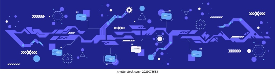 High-Tech Digital-Technologie und Engineering Thema Industrie 4.0 Intelligenz-Technologie mit Roboterarm. Intelligente industrielle Revolution im Fabrikprozess, einzelne flache Vektorgrafik-Hintergrund