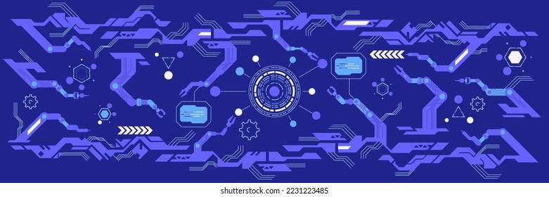 Tecnología digital de alta tecnología y tema de ingeniería Tecnología de inteligencia de la industria 4.0 con brazo robótico. Revolución industrial inteligente en proceso de fábrica, fondo de ilustración de vector plano aislado