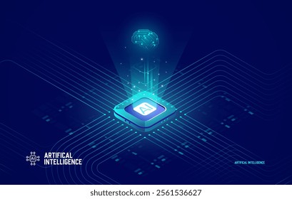 Hi-tech digital technology futuristic circuit digital. Abstract artificial intelligence futuristic design. AI, Modern blue design. Global network connection technology. Isometric Vector banner AI chip