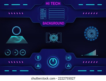 Hi-Tech Display has control buttons on the face. There is a level circle on the left, a round with a target, on the right there is a power level, a wiframe on a black background.