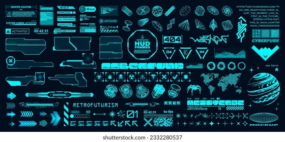 Hi-tech elements and HUD interface. Cyberpunk and retrofuturistic graphic box. Digital arts, typeface, 3D geometric shapes, icons, wireframe x-ray, HUD, UI, UX frames. Vector futuristic graphic set