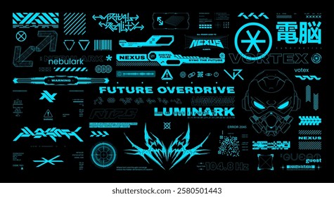 Hi-tech elements, HUD interface, cyberpunk concept. Futuristic graphic box with digital art lettering, inscriptions, phrases. Vector Streetwear cyberpunk set. Translation from Japanese - cybernetics.