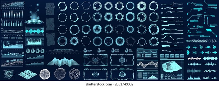 Hi-tech elements HUD, UI, GUI. Vector collection futuristic user interface graphic design set. Cyberpunk digital elements - circles HUD,  charts, frame, buttons, bars UI, callouts, arrow. Vector