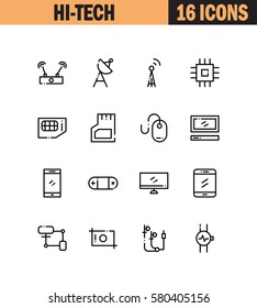 Hi-tech flat icon set. Collection of high quality outline symbols for web design, mobile app. Hi-tech vector thin line icons or logo.