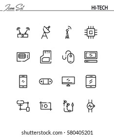 Hi-tech flat icon set. Collection of high quality outline symbols for web design, mobile app. Hi-tech vector thin line icons or logo.