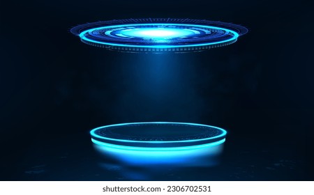 Hi-tech futuristic podium with neon light, glow, glare and reflection. Circle cyberpunk stage for show product, HUD, GUI, UI. Empty circle podium with light and smoke. Podium, stage, platform. Vector