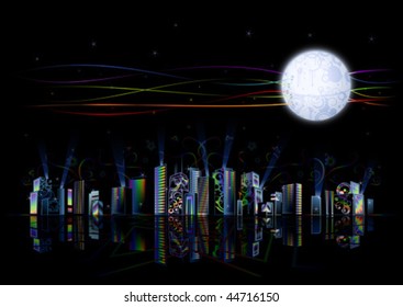 Hi-tech futuristic rainbow city under artificial moon against black background