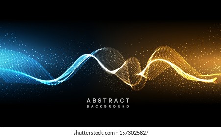 Hi-tech futuristic techno background, neon shapes and dots. Technology connection, big data, dotted structure, blue and gold colors
