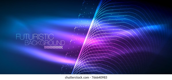 Fondo tecnológico futurista de alta tecnología, formas de neón y puntos. Conexión tecnológica, big data, estructura de puntos, color azul y púrpura